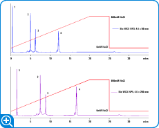 20 分グラジエントを用いた Agilent Bio WCX NP5、4.6 x 250 mm と Bio WCX NP3、4.6 x 50 mm における標準タンパク質分離の比較