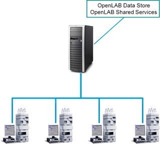 OpenLAB Data Store では、一台のサーバ上に共有サービスが搭載されています。共有サービスは、ワークグループのユーザおよび機器の集中管理を可能にします。