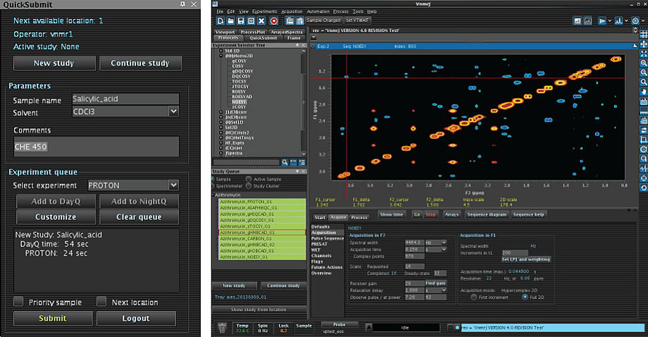 Agilent ProPulse なら、VnmrJ ソフトウェアを用いて実験を簡単に設定し (左)、複雑な NMR 実験を容易に実行することができます (右)。