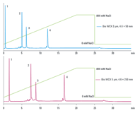 Agilent Bio WCX カラムを用いたタンパク質の分離。小さい粒子サイズと短いカラムにより、分析時間が短縮されています。サンプル溶出時間は、長いカラムでは 17 分ですが、短いカラムではわずか 12 分です。