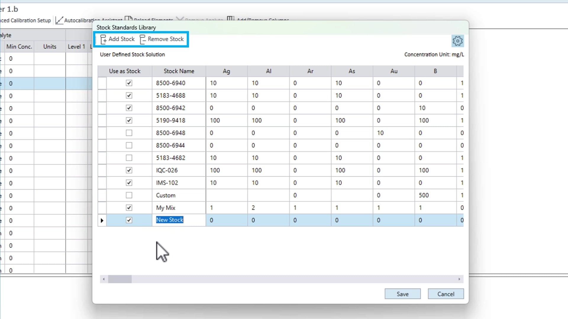 標準原液ライブラリのテーブルを表示するソフトウェア画面。行には名前と元素濃度。Add/Remove Stock、Save、Cancel のオプションあり。