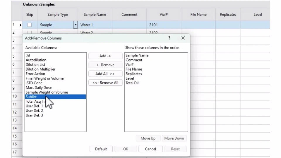 A computer screen displays the sample list interface titled Unknown Samples,with a pop-up menu for adding or removing columns. A cursor points to Sublist in the list of available columns