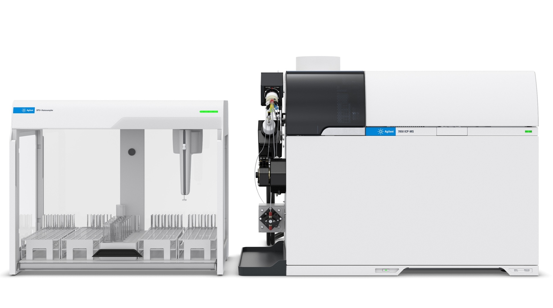 A lab instrument with two sections: a left-side automated liquid handler (SPS 4) and a right-side mass spectrometer (Agilent 7850 ICP-MS). The design is sleek and modern.