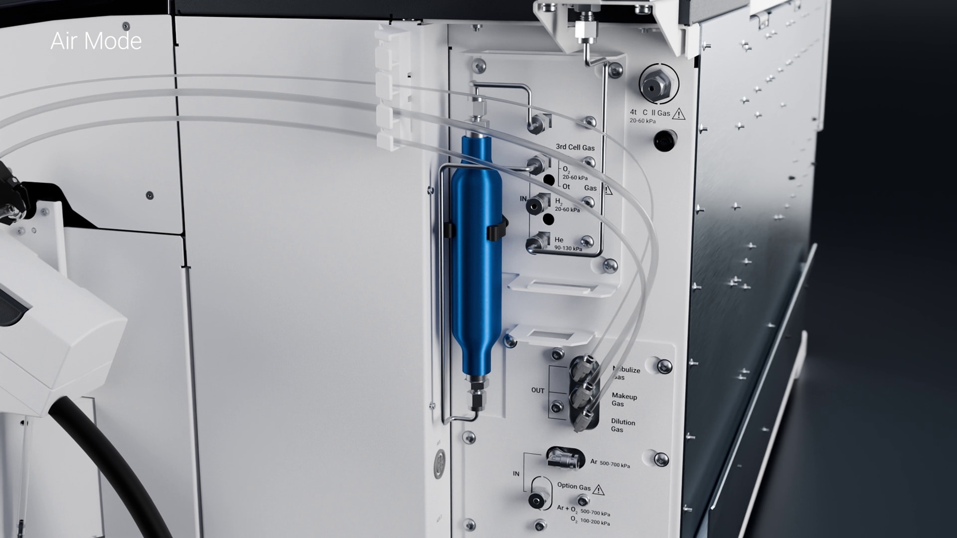 A close-up of a scientific instrument's side panel featuring a blue cylindrical air filter, several labeled switches, and connecting tubes. The words 