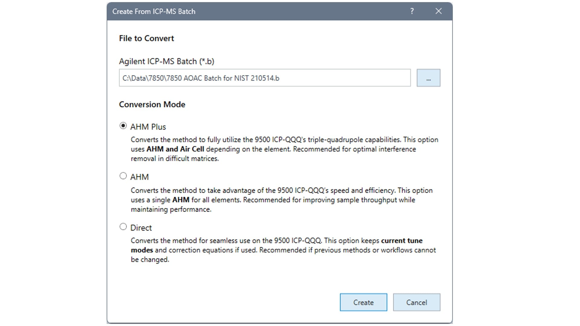 Software dialog box titled 'Create From ICP-MS Batch' with options to convert a file. 'Conversion Mode' includes AHM Plus, AHM, and Direct, each with its own description. Buttons at the bottom: 'Create' and 'Cancel'.