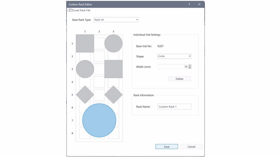 Custom rack editor interface showing a rack layout with various grey geometric shapes representing custom bottles in an 8x3 grid. Settings for vial shape and size are on the right.