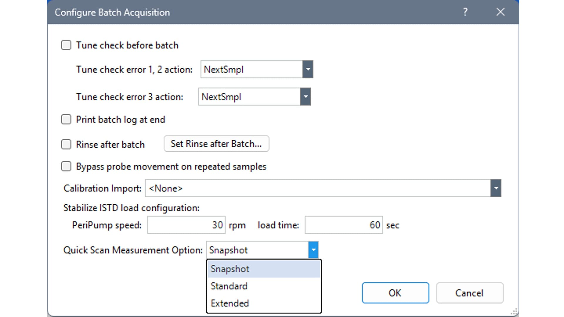 Configuration window for batch acquisition showing various settings. Includes checkboxes for tune check, print batch log, and rinse, with dropdowns for calibration import and quick-scan measurement options. The OK and Cancel buttons are visible.