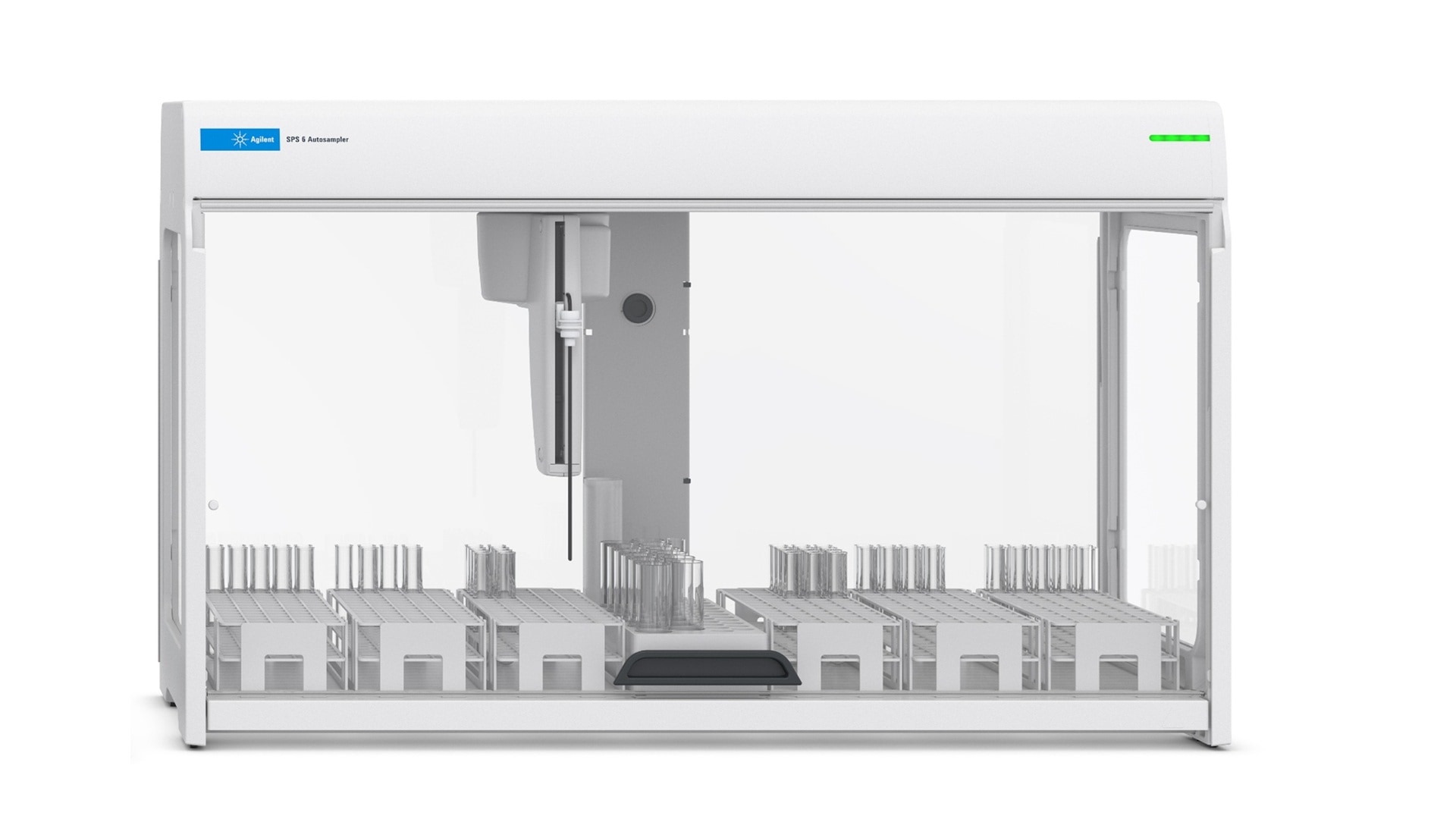 SPS 6 という名の洗練された白色のラボ用オートサンプラ。自動液体ハンドラーで、透明な前面パネル。内部には整理されたラックとサンプルチューブ。