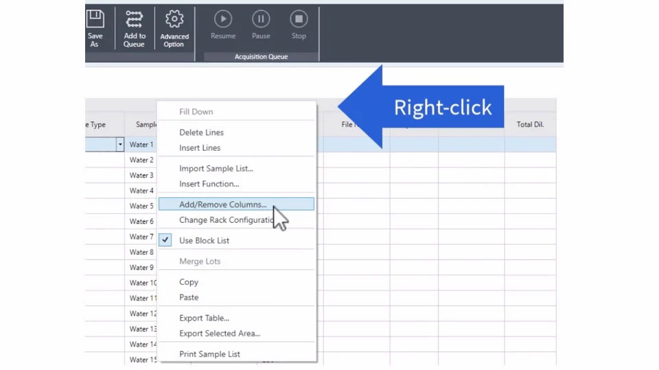 Screenshot of a software interface showing a dropdown menu, accessed by right-clicking. An arrow labeled Right-click points to the menu, highlighting the option Add/Remove Columns...
