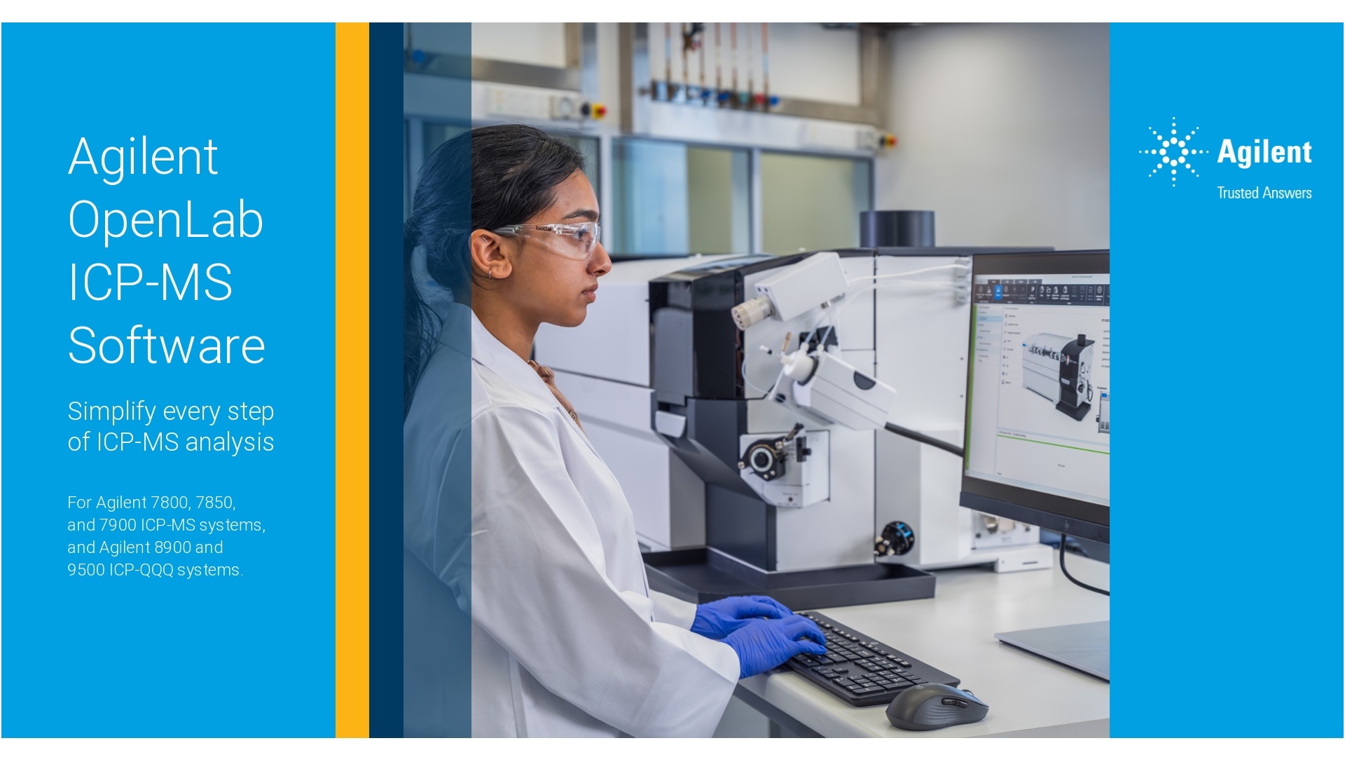 A technician in a lab coat and safety glasses operates an ICP-MS system using Agilent software on a computer. The setting is clean and modern.