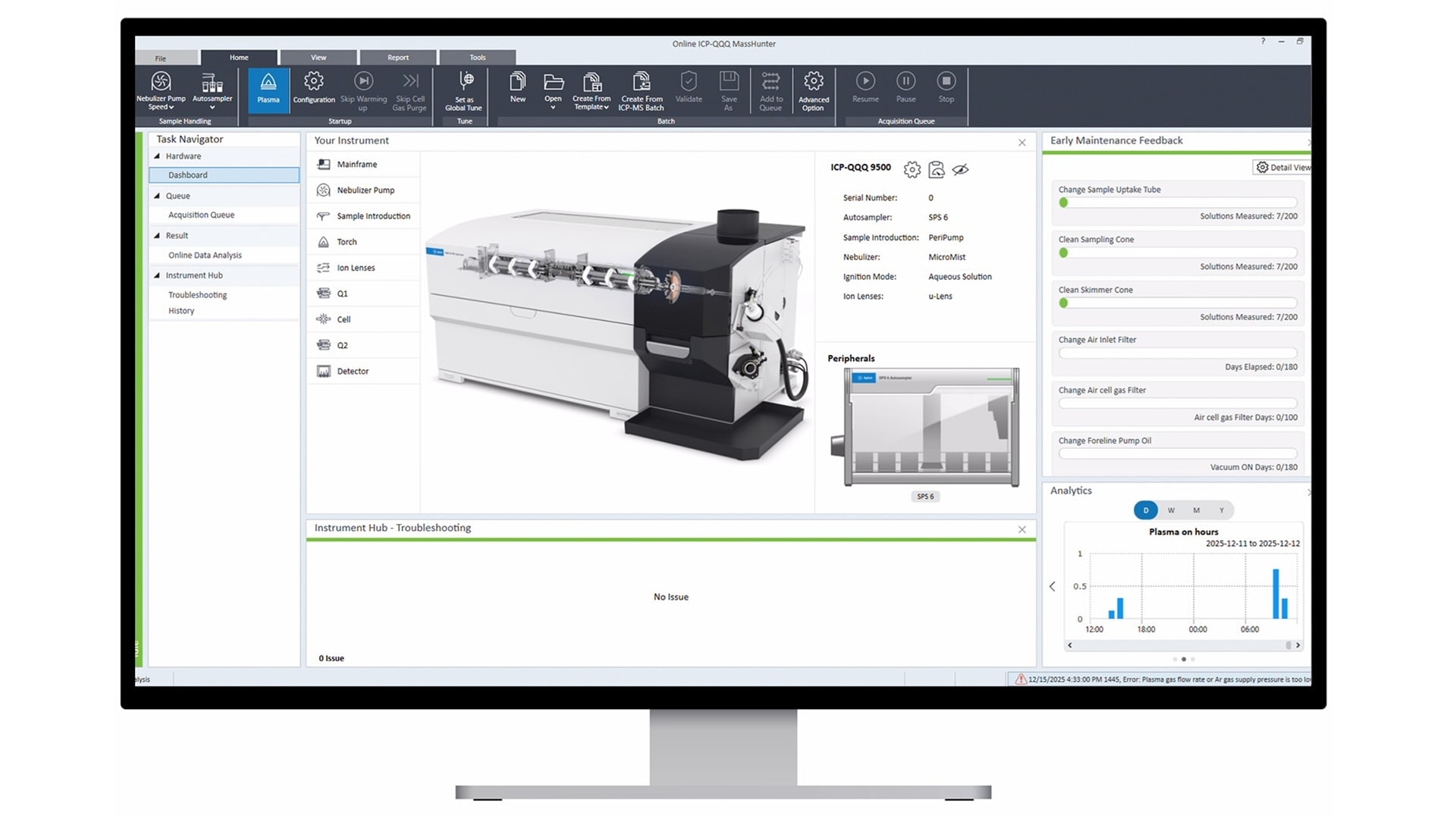 The image shows a computer screen displaying analytical software for a laboratory instrument. The interface includes a 3D model of the device, a navigation menu on the left, maintenance feedback on the right, and a graph at the bottom. The layout is technical and professional.