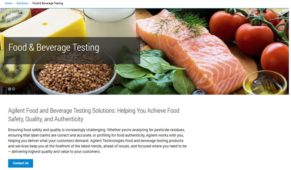 Food and Beverage Testing webpage featuring fresh salmon, tomatoes, cheese, milk, and grains, conveying freshness and quality assurance.