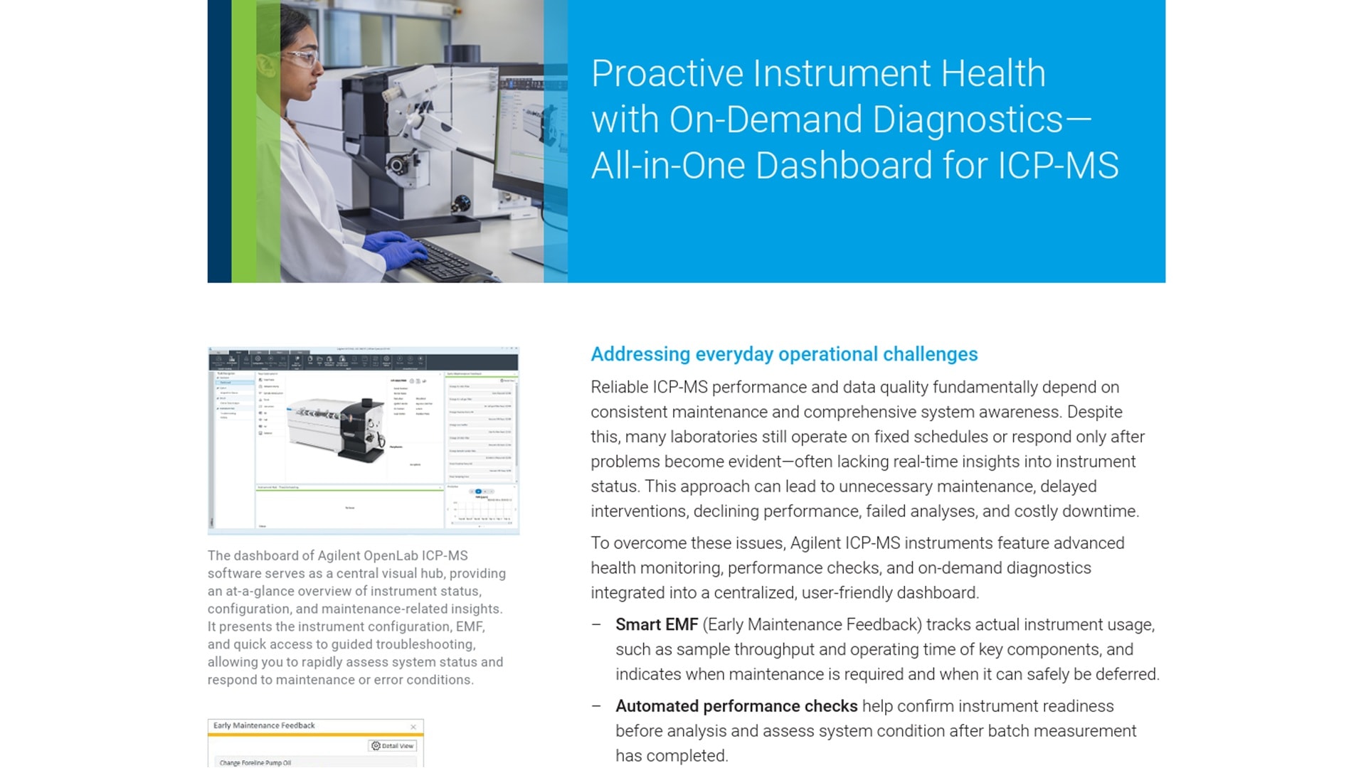 Flyer titled 'Proactive Instrument Health with On-Demand Diagnostics&mdash;All-in-One Dashboard for ICP-MS' shows a lab technician operating equipment. Text outlines benefits of Agilent OpenLab ICP-MS software, highlighting its dashboard for quick status checks and maintenance. Key features include Smart EMF for usage tracking and automated performance checks for reliability.