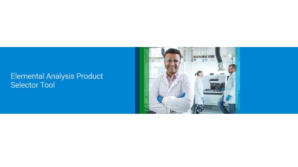 A scientist in a lab coat smiles confidently in a laboratory, with colleagues working in the background. Text on the left reads, "Elemental Analysis Product Selector Tool." The scene conveys a professional, collaborative atmosphere.