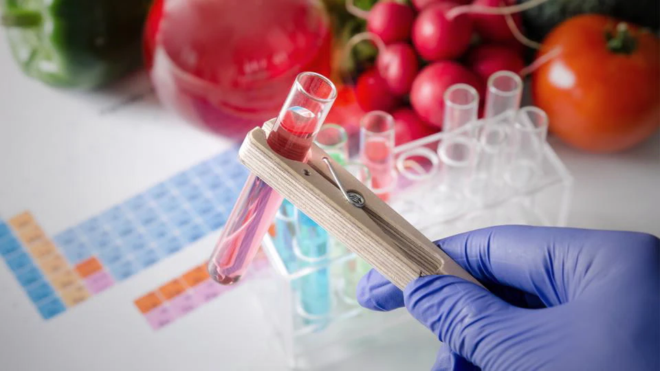 A gloved hand holds a test tube with red liquid above a rack. Surrounding it are fresh vegetables and a periodic table, suggesting a science experiment.