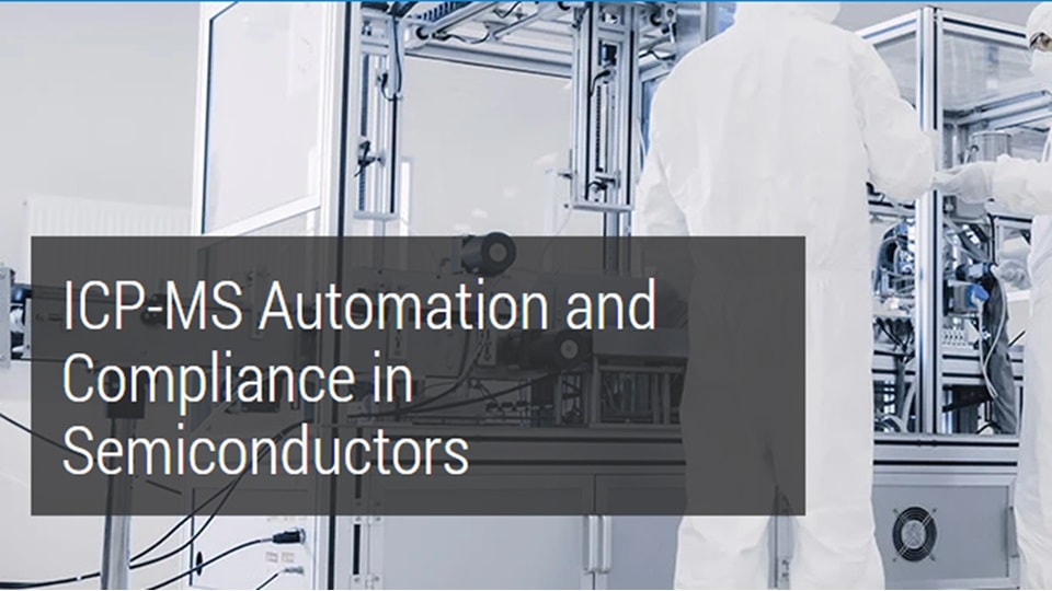 Workers in cleanroom suits operate machinery in a semiconductor facility. The text reads 