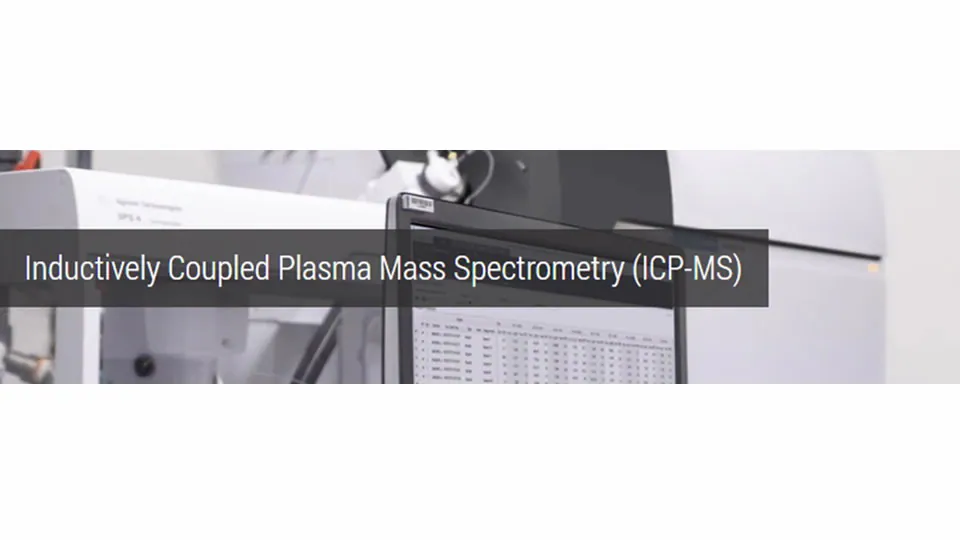 Inductively Coupled Plasma Mass Spectrometry (ICP-MS) text overlay on an image of lab equipment featuring a monitor displaying data and instrumentation.